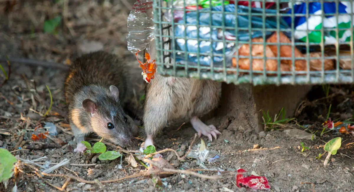Rats looking for food around a trash basket