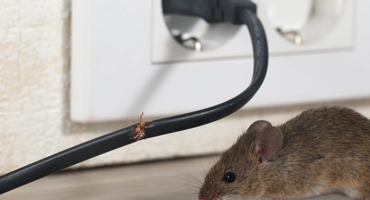 A mouse near a chewed electrical cable
