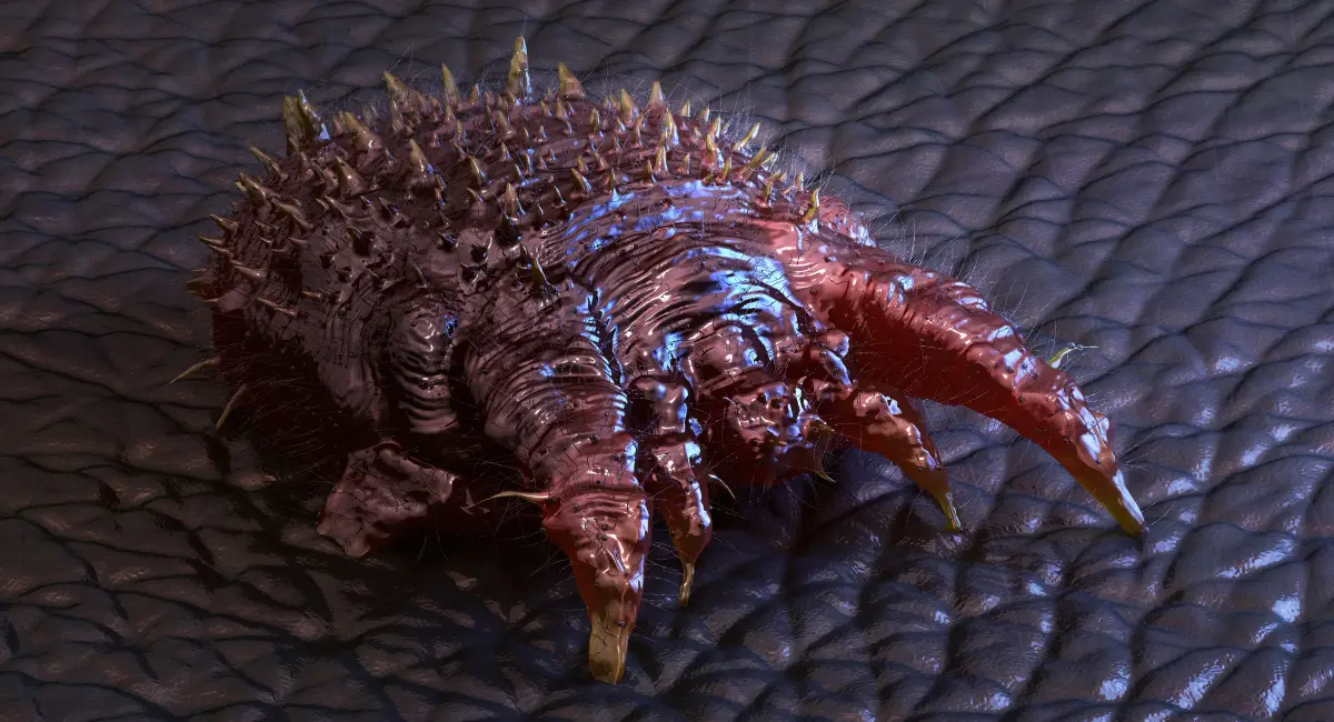 A magnified image of a scabies mite showing its rounded body, short legs, and hard, textured shell