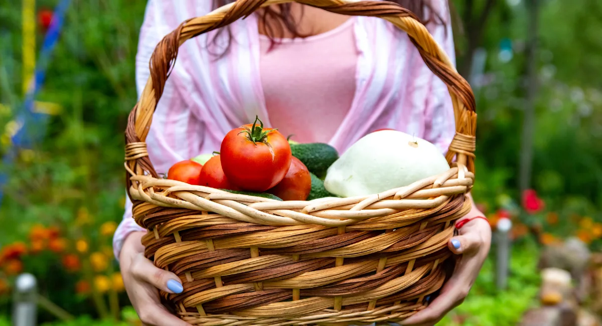 Woman carrying basket full of vegetables