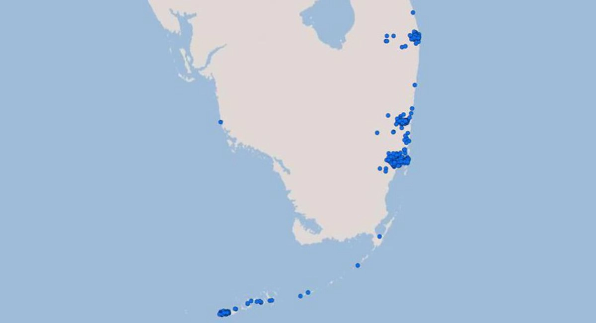 Blue and white map showing where Asian subterranean termites have traveled in southern Florida