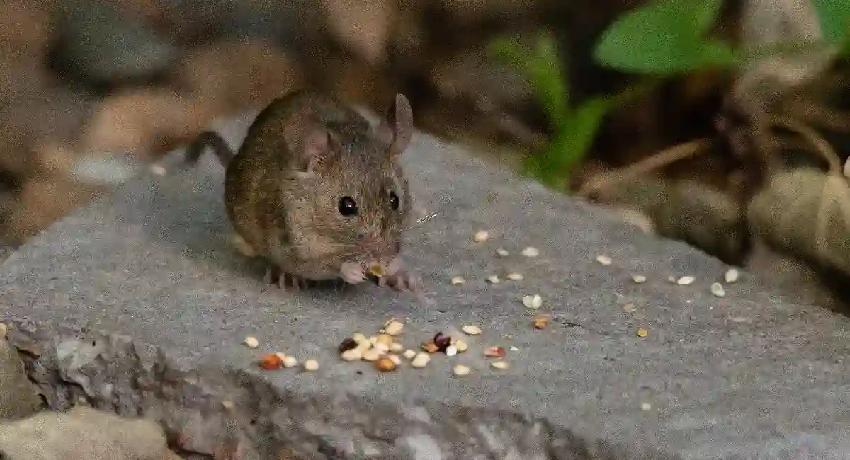 A house mouse sitting on a stone paving slab eating seeds