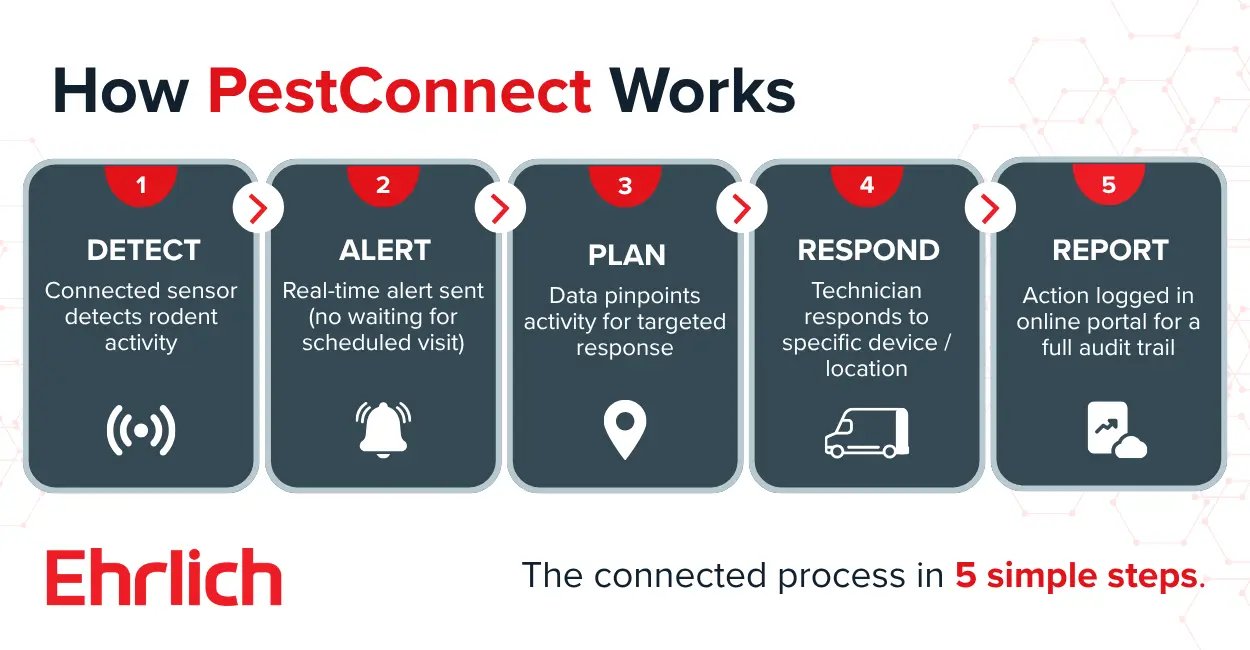 Infographic titled "How PestConnect Works" illustrating a 5-step connected pest control process by Ehrlich.