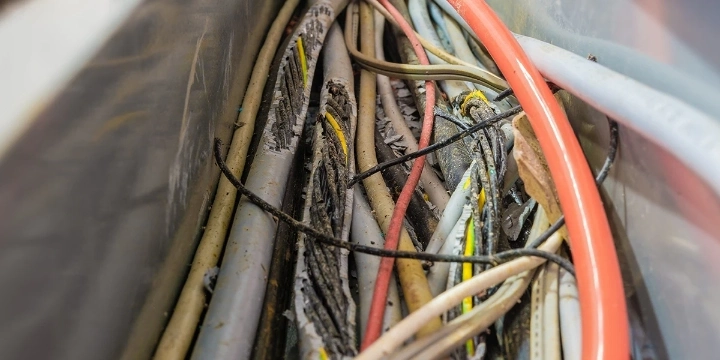 Rodent damage to multiple colored wires that mice and rats have chewed through. 